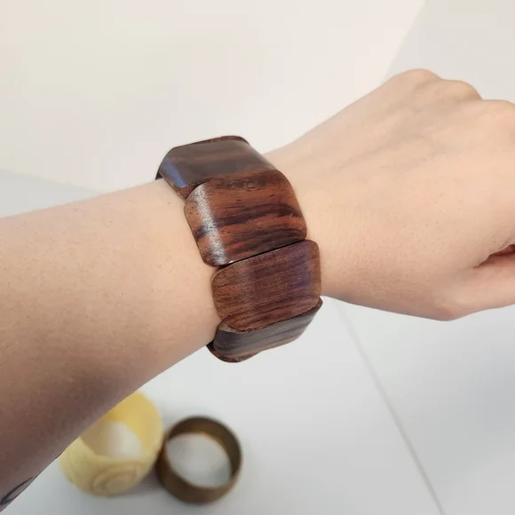 Vintage Brass Wood Bangle Bracelet Set Floral Roses Boho Bohemian Jewlery 1970s - Picture 3 of 11